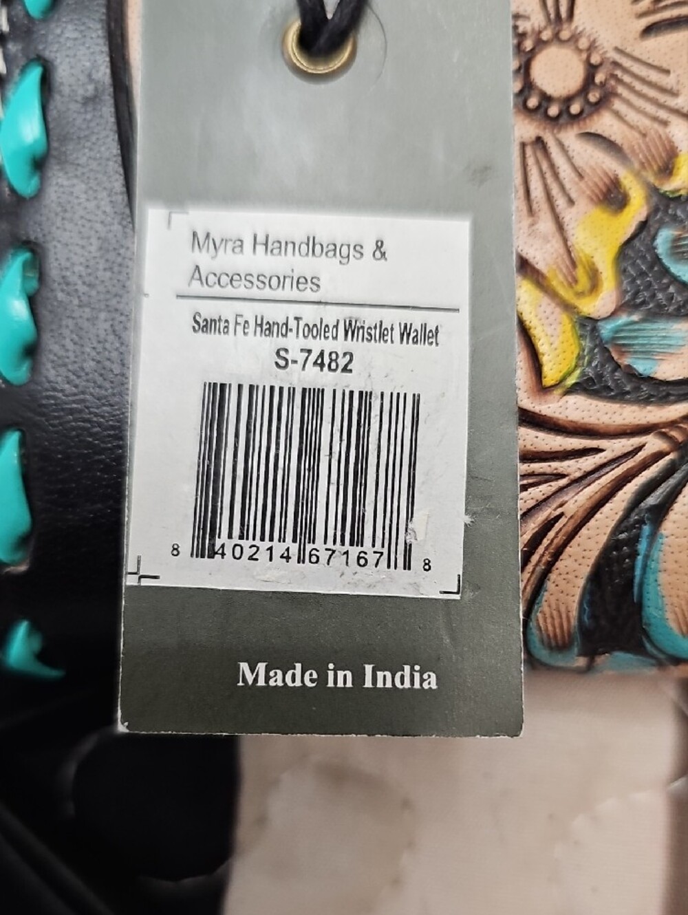 Myra Bag Hand-Tooled Floral Phone Wallet in Black, Turquoise & Yellow - Picture 7 of 7